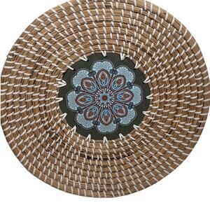 Natural Woven Fruit Basket Bowl Concave Hardwood Flowered Green Base 13" x 1.8"